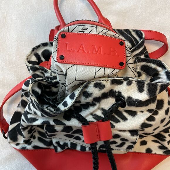 L.A.M.B by Gwen Stefani Gracie Handle Bucket Backpack Black White and Red - Picture 2 of 4